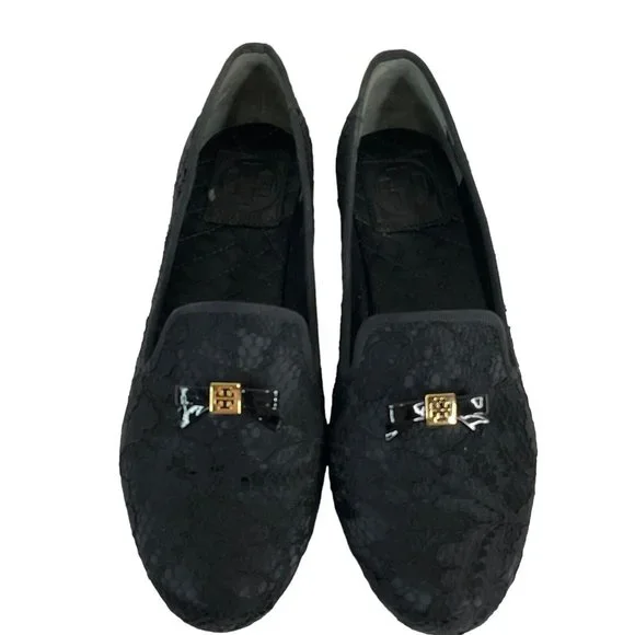 Tory Burch Shoes Womens Sz 6.5 Blk Chandra Loafer Satin + Fabric Lace Flat - Picture 4 of 16